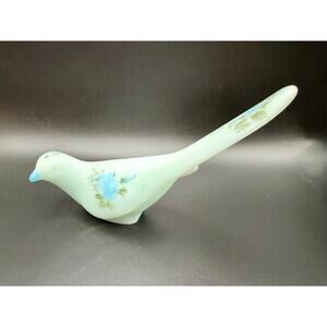 Signed Fenton Satin Glass Bird – Hand Painted – Blue Floral 7” Long